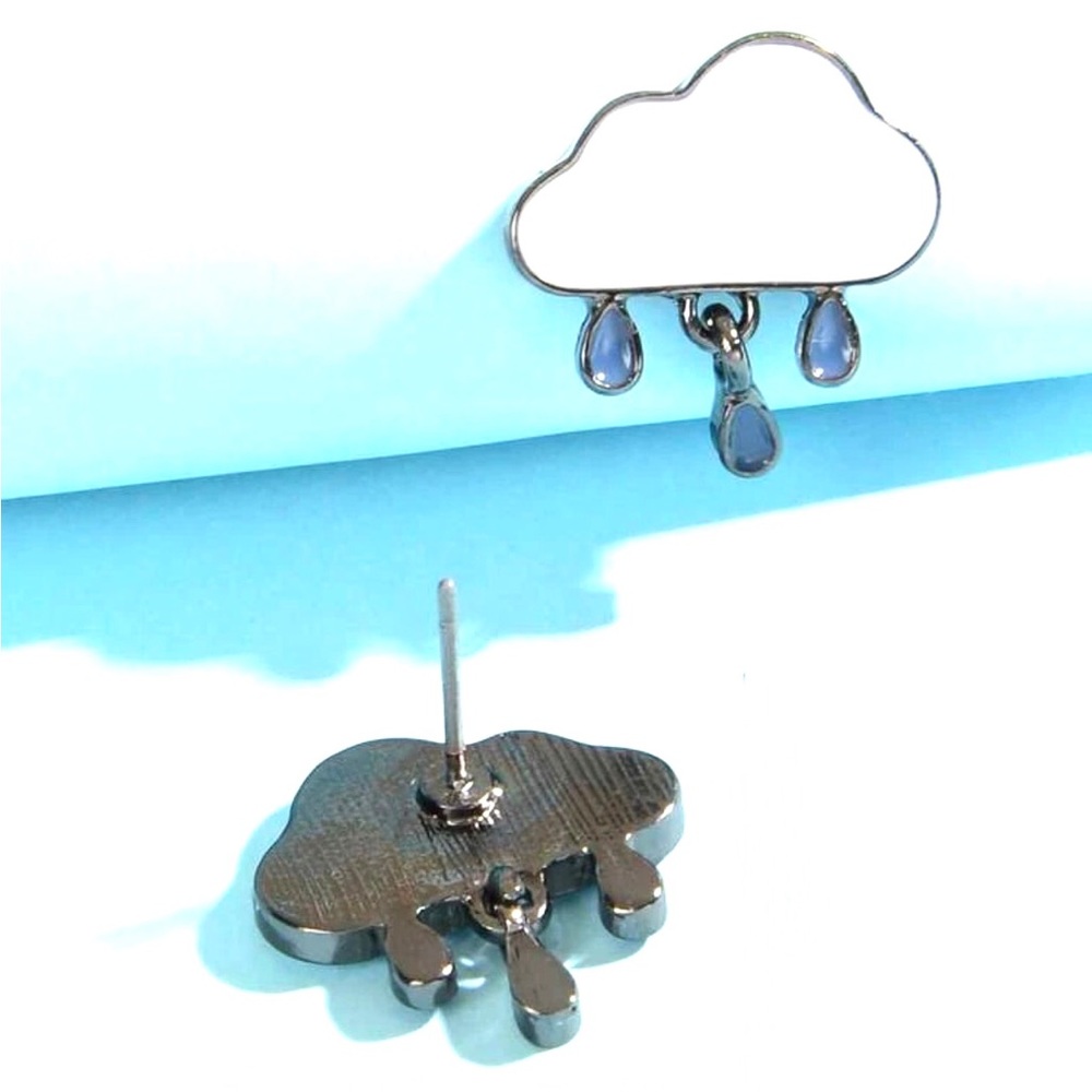 Stormy Skies- Rain Drop Cloud Blue White Enamel Dainty Mini Dangle Gunmetal Stud - Picture 12 of 14